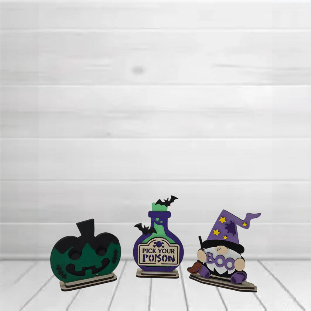 Halloween Wooden DIY Kit Franken-Pumpkin, Poison Bottle and Gnome