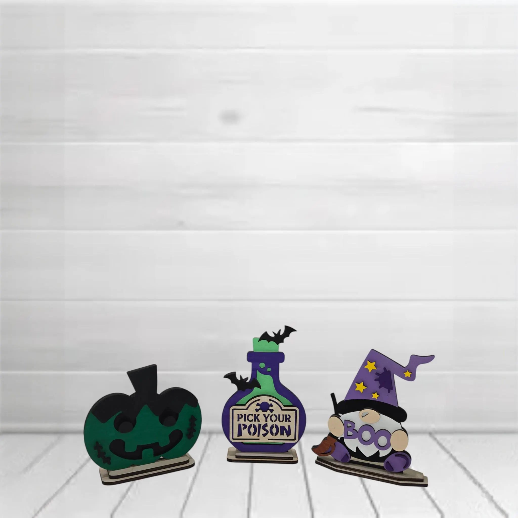 Halloween Wooden DIY Kit Franken-Pumpkin, Poison Bottle and Gnome