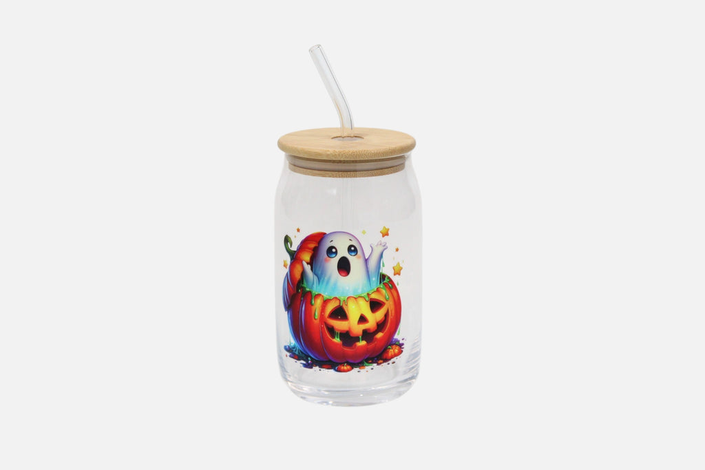 Ghost coming out of a Pumpkin Halloween glass cup