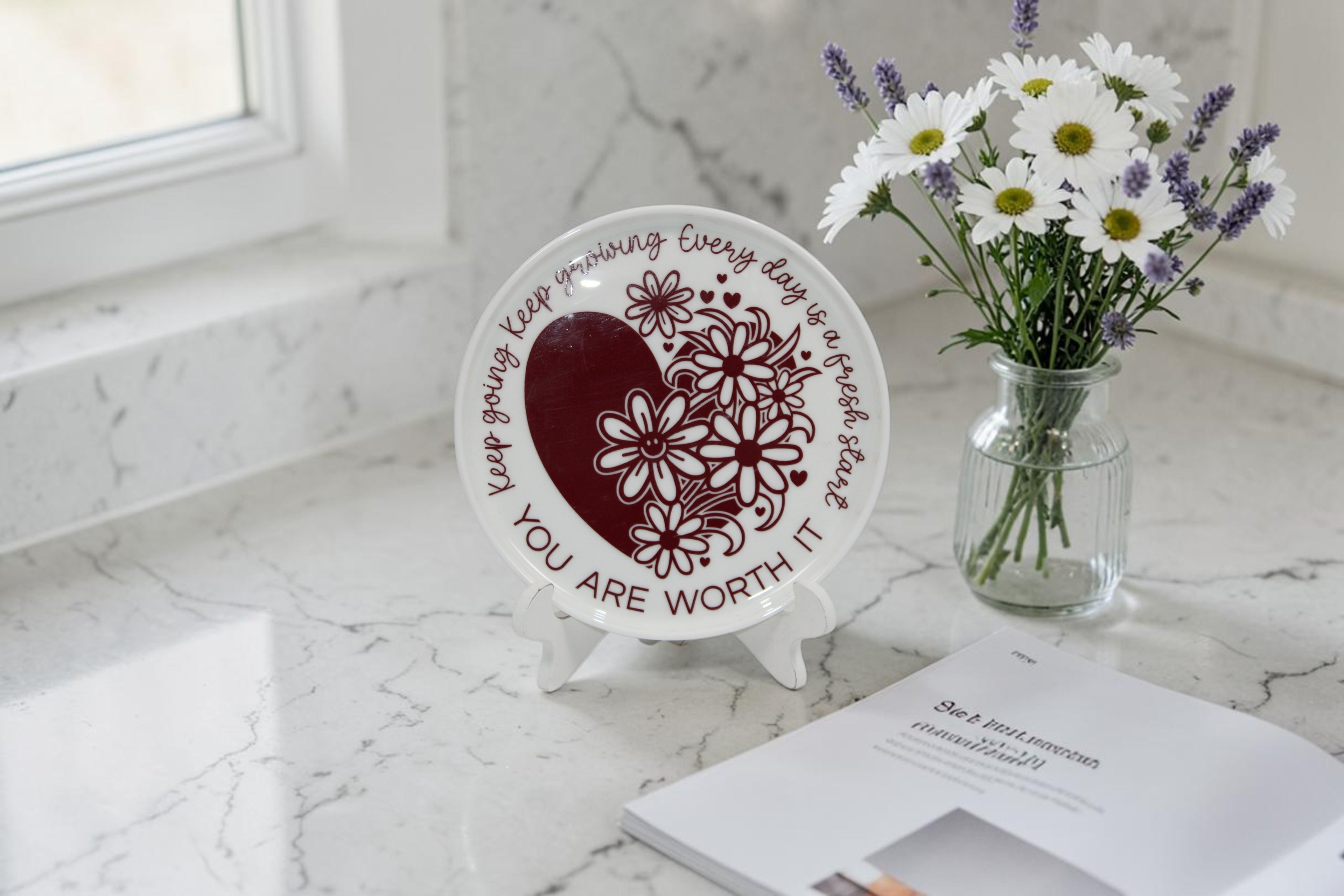 "You are worth it" round flower, heart trinket or jewelry tray