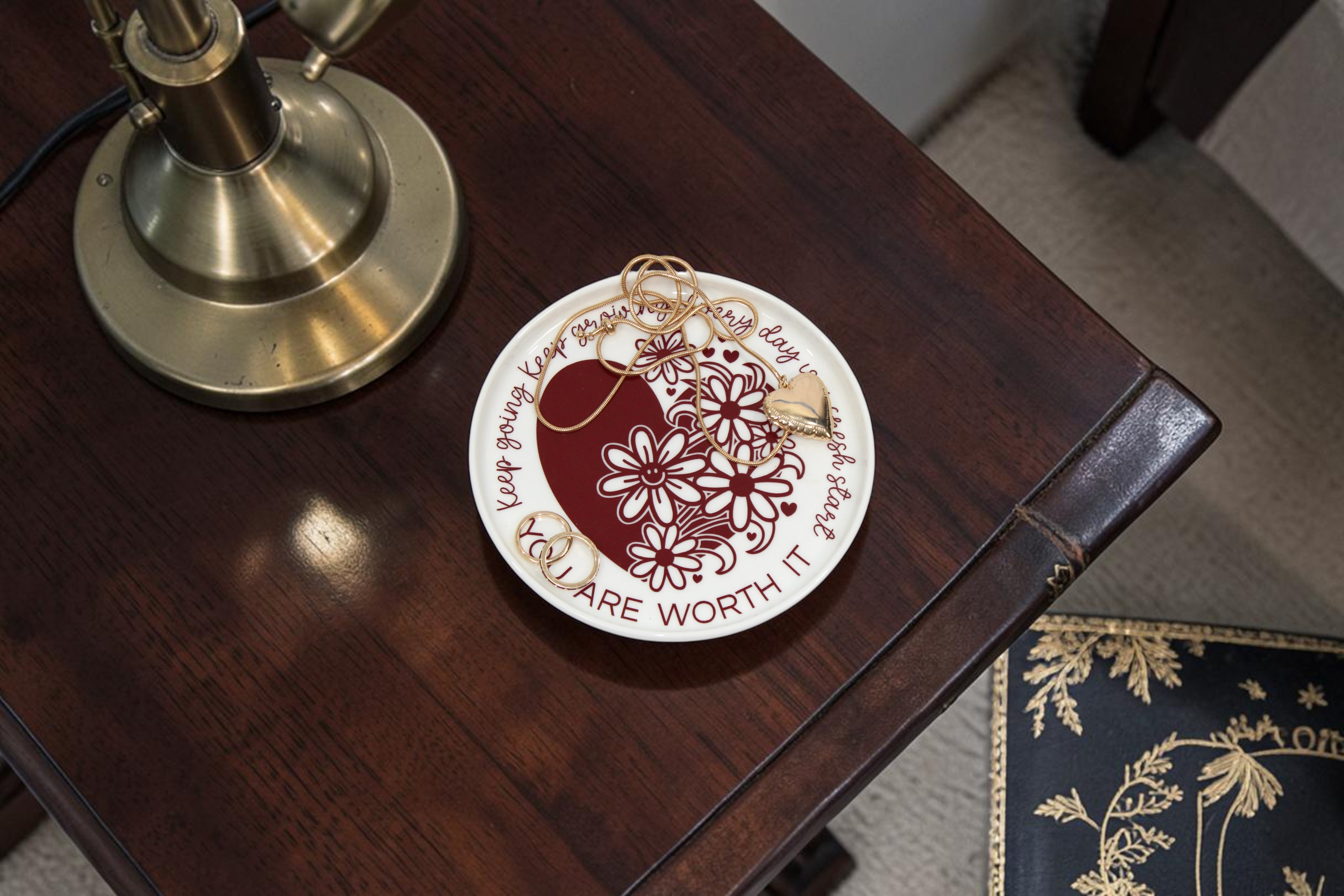 "You are worth it" round flower, heart trinket or jewelry tray