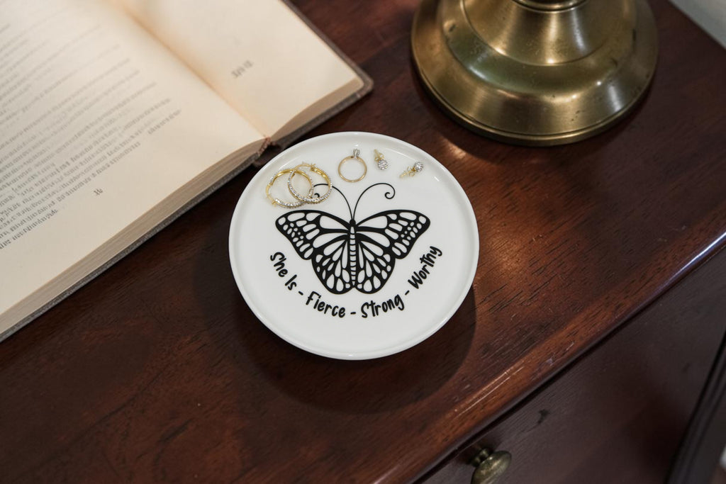 She is Fierce butterfly motivational trinket or jewelry tray