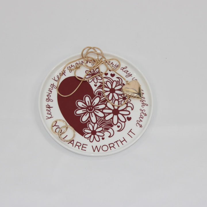 "You are worth it" round flower, heart trinket or jewelry tray