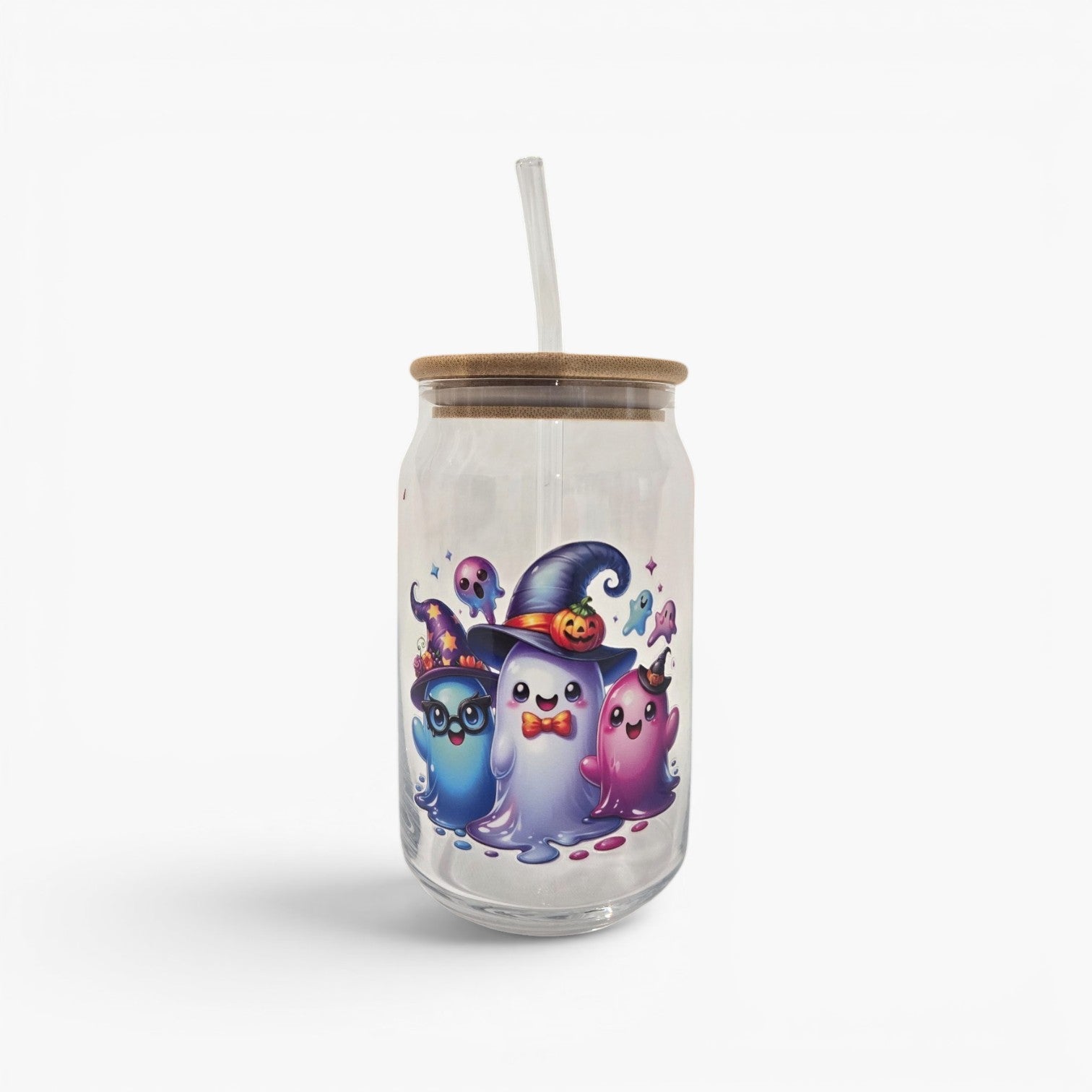 Halloween Glass Cup, 17.58 oz, Trio of Ghosts, wearing hats, glasses, bowtie