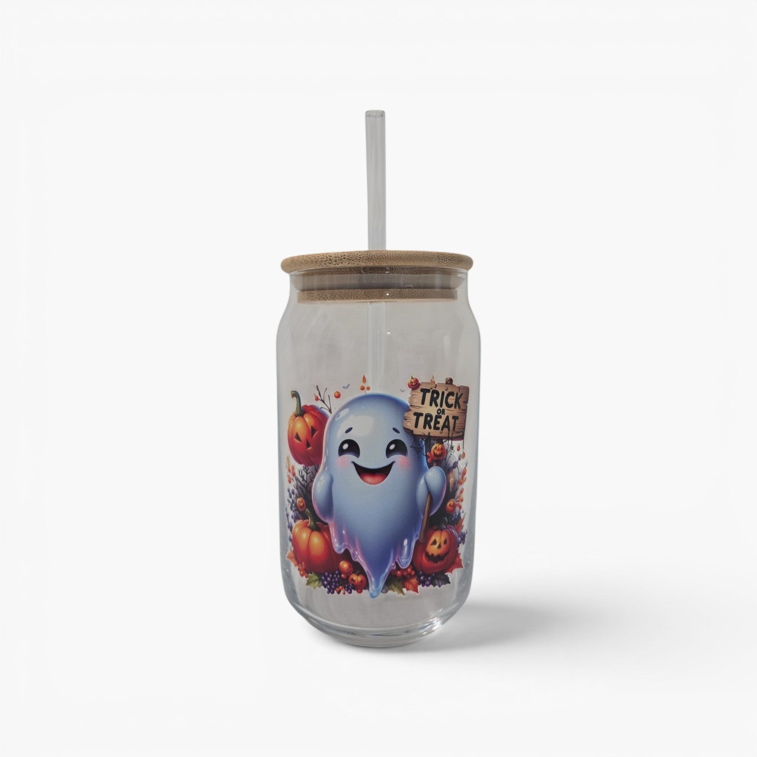 Halloween Glass Cup, 17.58 oz, Ghost with Trick or Treat sign with pumpkins design