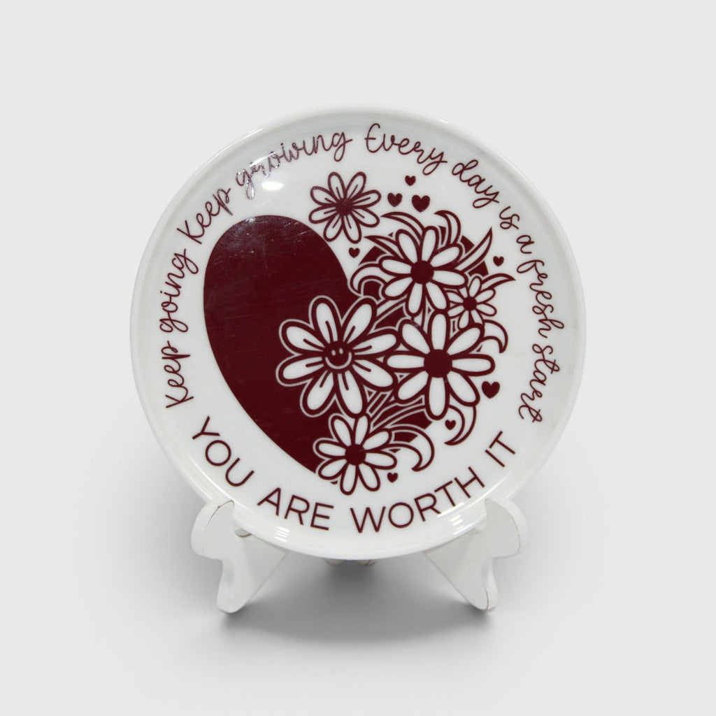 "You are worth it" round flower, heart trinket or jewelry tray