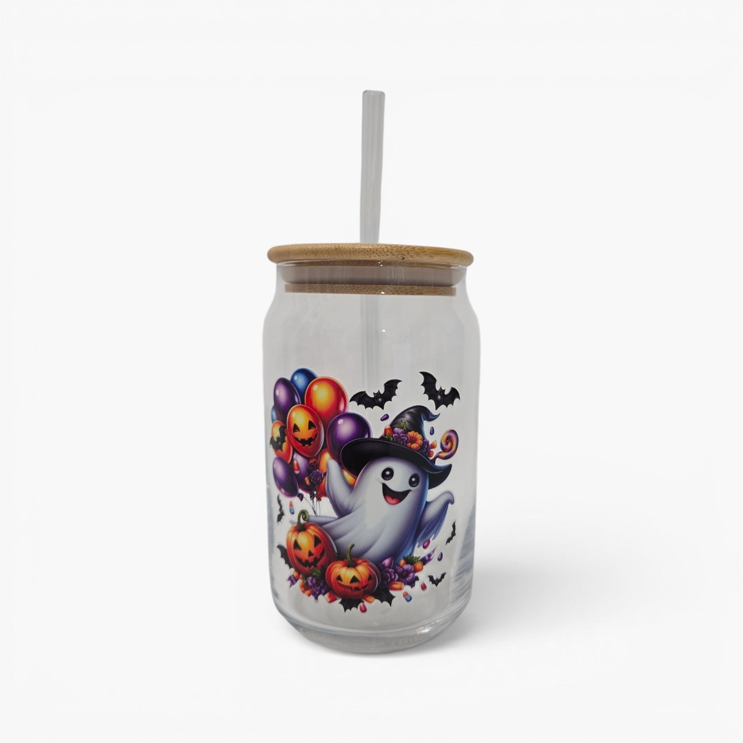Halloween Glass cup, 17.58 oz, Ghost with witches hat, balloons design