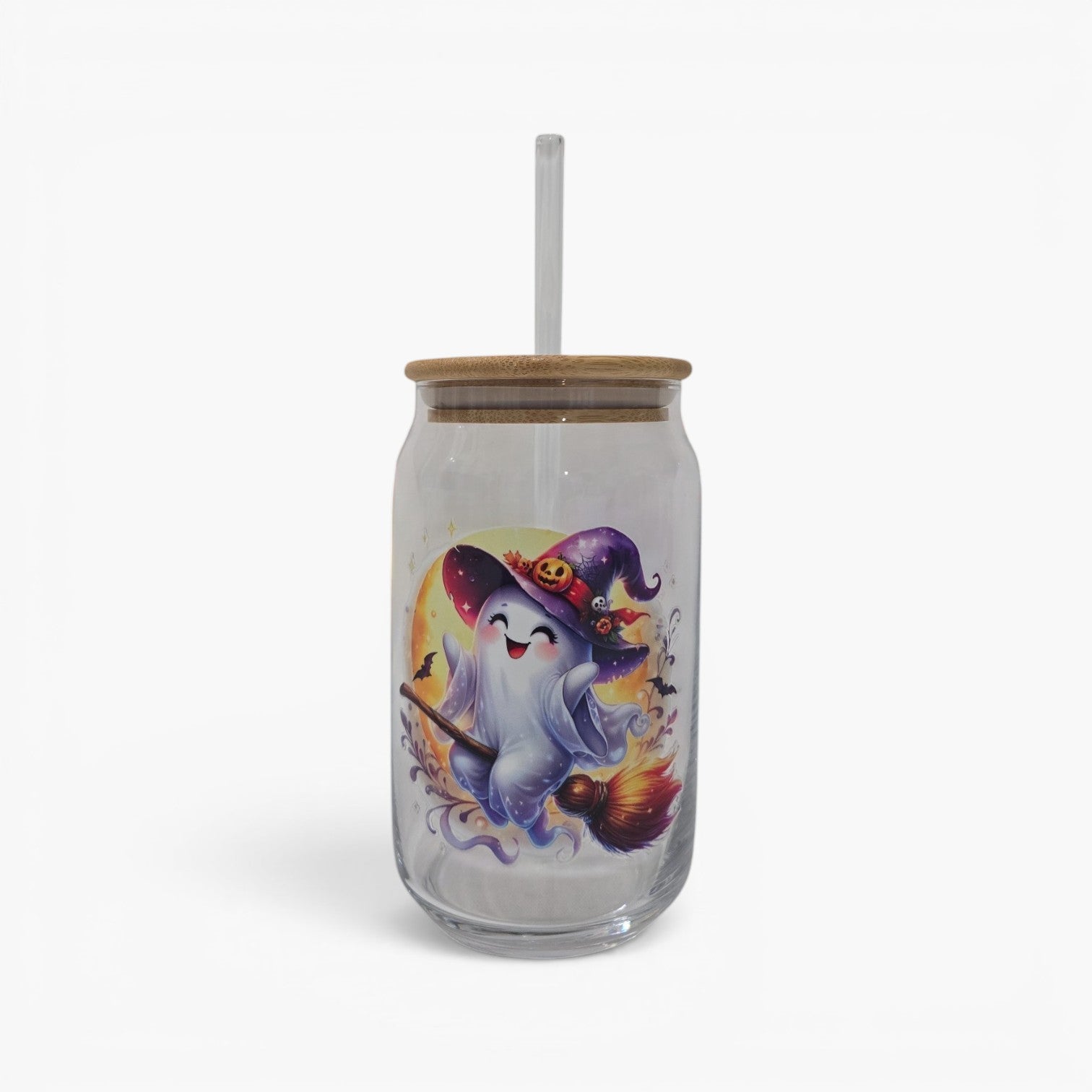 Halloween Glass cup, 17.58 oz, Ghost witch riding a broom design